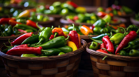 Variety of peppers in a basket on a wooden table. Selective focus.の素材