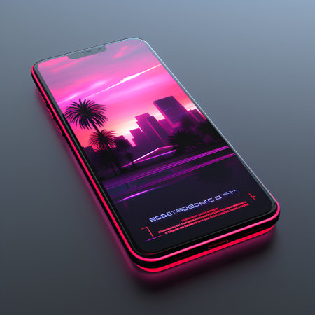 Smartphone mockup with pink screen and palm trees. Vector illustrationの素材