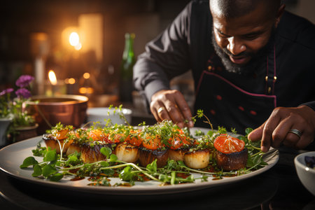 Close up of male chef decorating fish roll with microgreens at restaurantの素材