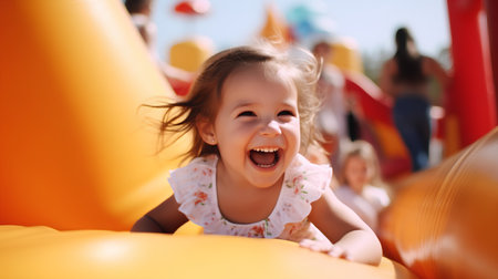 Portrait of cute little girl having fun on a slide at playgroundの素材