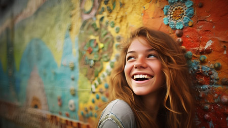 Portrait of a beautiful smiling girl with long hair in front of colorful wallの素材