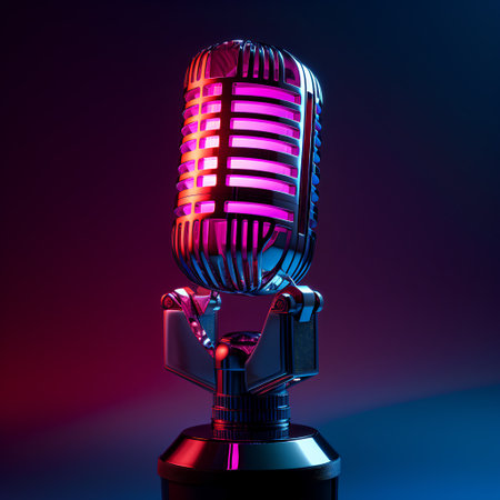 Retro microphone on a dark background. 3d rendering, 3d illustration.の素材