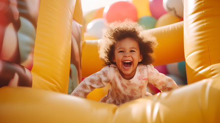 Portrait of cute african american little girl having fun on inflatable slide at playground.の素材