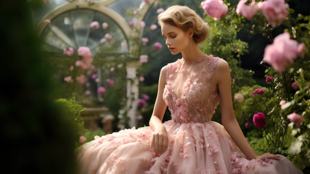 Beautiful girl in a pink dress in the garden. Beauty, fashion.の素材
