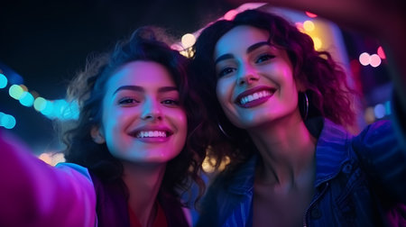 Portrait of two happy young women taking selfie with smartphone in night clubの素材