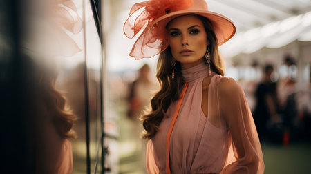 Fashion shot of a beautiful young woman in elegant dress and hat.の素材