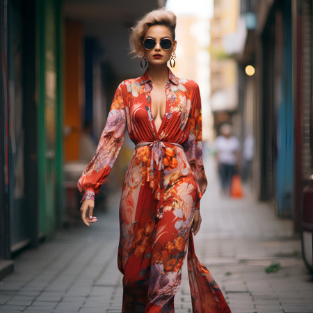 Fashionable young woman in a red dress and sunglasses on the street.の素材