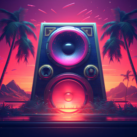 Music speaker with palm trees on the beach at sunset. Vector illustrationの素材