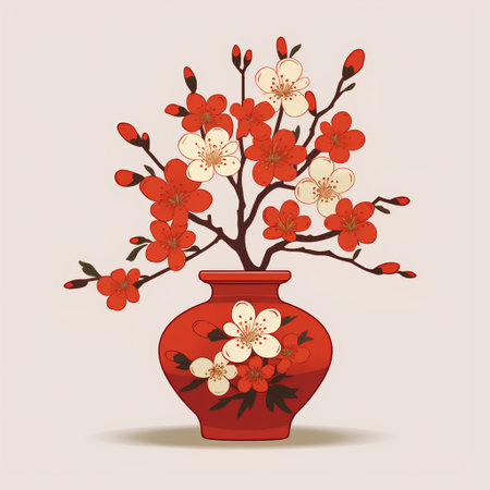 Cherry blossom branch in a vase. Vector illustration.の素材
