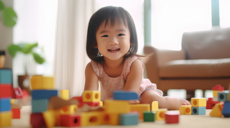 Cute asian little girl playing with colorful building blocks at homeの素材