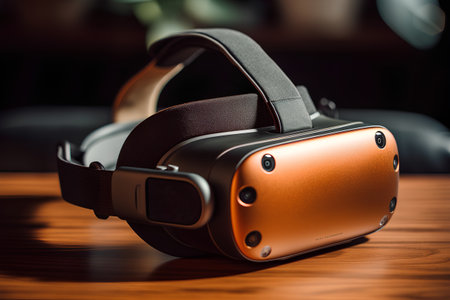 Virtual reality glasses on a wooden table. 3d technology concept.の素材