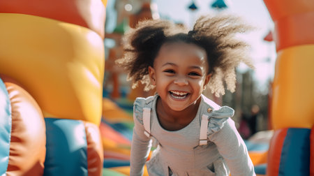 Cheerful african american girl having fun on a playgroundの素材