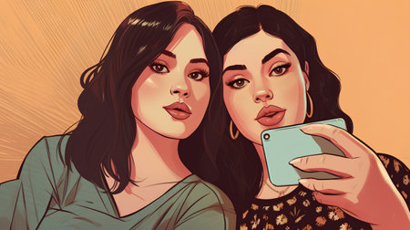 Two beautiful girls take a selfie with a smartphone. Vector illustration.の素材