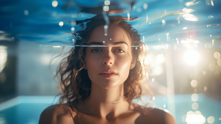 Portrait of a young woman under water in the swimming pool.の素材