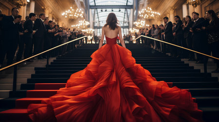 Beautiful girl in a long red dress on the background of the interior of the theaterの素材