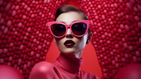 Fashion portrait of a beautiful young woman in pink sunglasses. Red background.の素材
