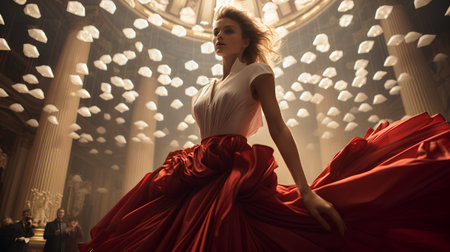 Beautiful young woman in a red dress in the interior of the theaterの素材