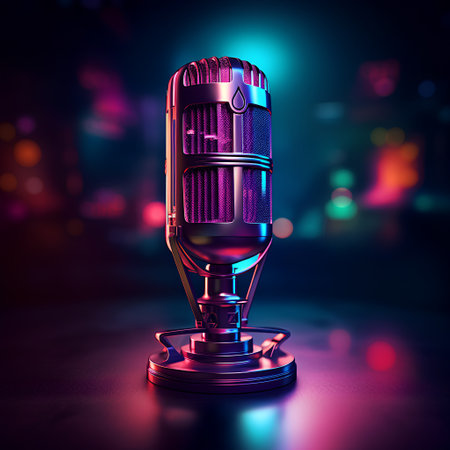 Retro microphone on stage with colorful bokeh background. 3d renderingの素材