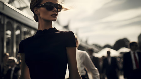Fashionable woman in a black dress and sunglasses on the streetの素材