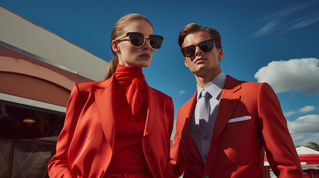 Fashionable young couple in red suits and sunglasses posing outdoor.の素材