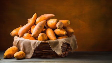 Basket of fresh carrots on wooden table. Rustic style.の素材