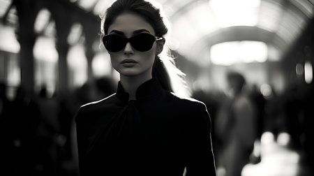 Fashion shot of a beautiful woman in black clothes and sunglasses.の素材