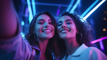 Two happy young women taking selfie in night club with neon lights.の素材