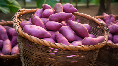 Purple sweet potatoes in the basket. Selective focus. nature.の素材