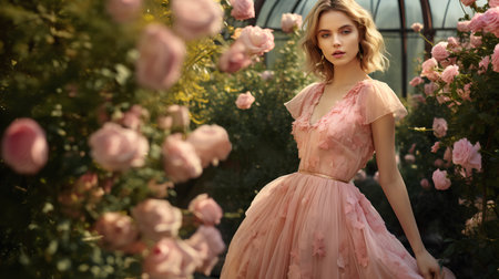 Beautiful young woman in a pink dress in the garden. Beauty, fashion.の素材