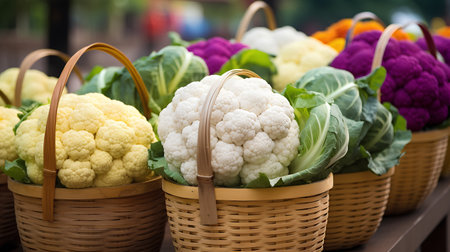 Variety of cauliflowers in baskets at farmers market.の素材