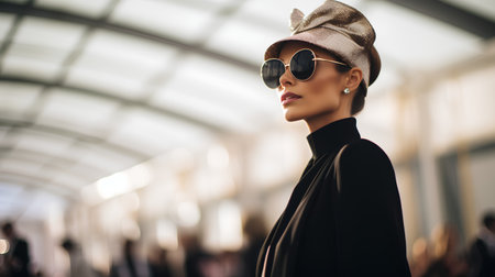 Fashionable woman in a hat and sunglasses on the background of the airport.の素材