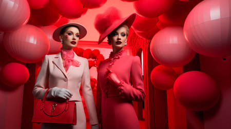 Fashion shot of a beautiful young woman in a hat and coat posing in a red interior.の素材