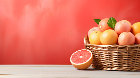 Fresh grapefruits in basket on wooden table and red background.の素材