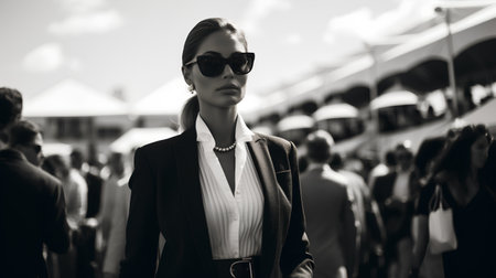 Beautiful business woman walking in the city. Black and white photo.の素材