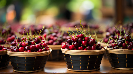 Cherries in a basket on a wooden table. Selective focus.の素材