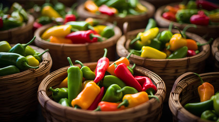 Variety of colorful peppers in wooden baskets. Selective focus.の素材