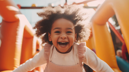 excited african american little girl looking at camera and laughing on playgroundの素材