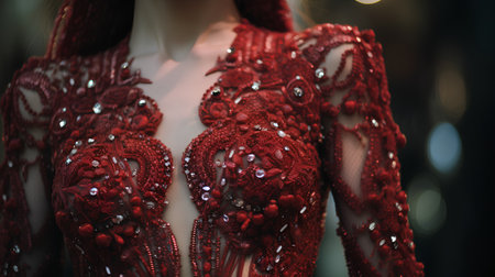 Beautiful red lace lingerie on a mannequin in the studioの素材