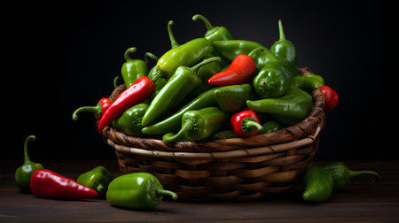 Hot peppers in a wicker basket on a dark wooden background.の素材