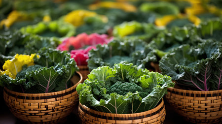 Fresh kale leaves in baskets. Selective focus. Food background.の素材