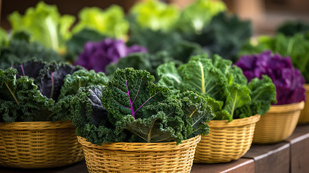 Variety of kale in basket on wooden background, selective focus.の素材