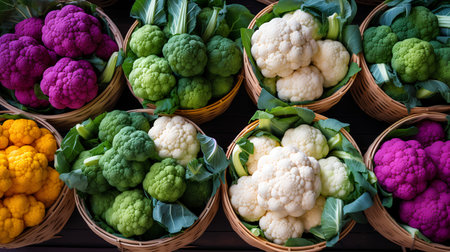 Variety of cauliflowers in baskets on wooden background.の素材