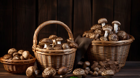 Fresh mushrooms in a wicker basket on a dark wooden background.の素材