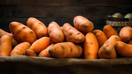 Bunch of fresh carrots on sackcloth, rustic background.の素材