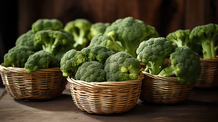 Fresh green broccoli in a wicker basket on a wooden background.の素材