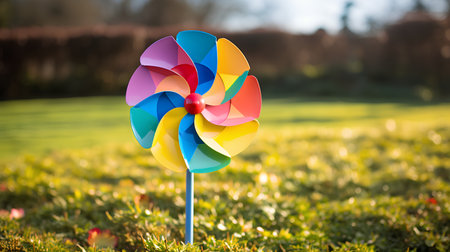 Colorful pinwheel toy on green grass in the garden at sunset.の素材