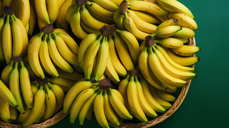 Bunch of bananas in a wicker basket on a green backgroundの素材