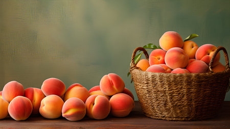 Fresh apricots in a wicker basket on a wooden tableの素材