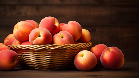 Basket with fresh peaches on a wooden background. Close-upの素材
