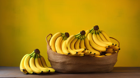 Bunch of fresh bananas in wicker basket on wooden table and yellow backgroundの素材